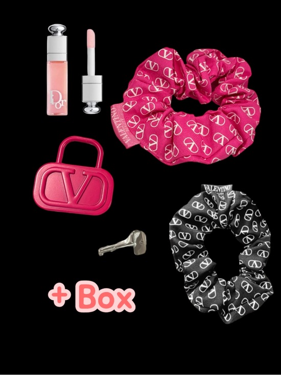 Valentino Accessories - Valentino VLogo Pink & Black Scrunchie Set with Pink Lock Charm & Dior mini lip